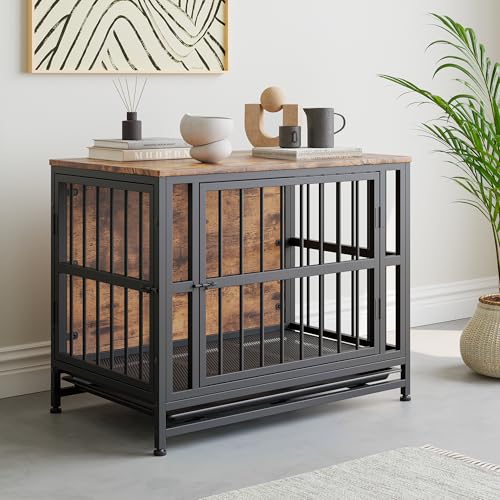 BORPHOM Mobili per Cani in Legno da 83 cm, Grande Cuccia da Interno per Cani di Taglia Media/Grande, Con Vassoio Rimovibile a 2 Porte, Tavolino Laterale, Resistente