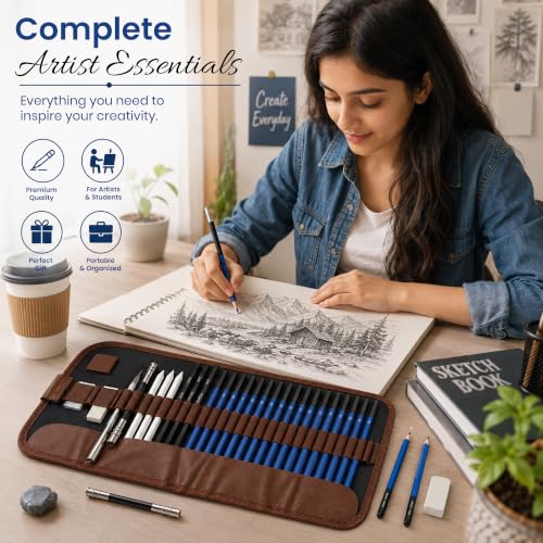 Image of Artownlar 28 Pcs Sketching Kit, Drawing Pencils Set with Graphite & Charcoal Pencils, Blending Stumps, Erasers, Pencil Extender & Art Knife, Drawing Shading Kit for Beginners & Artists