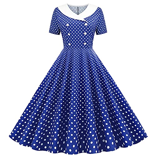 AMhomely Polka Dot Dresses for Women UK Vintage Floral Swing Skater Party Evening Dress 1950s Audrey Hepburn Retro Dresses Rockabilly Floral Pattern Print Swing Cocktail Evening Gown, A-dark Blue, L