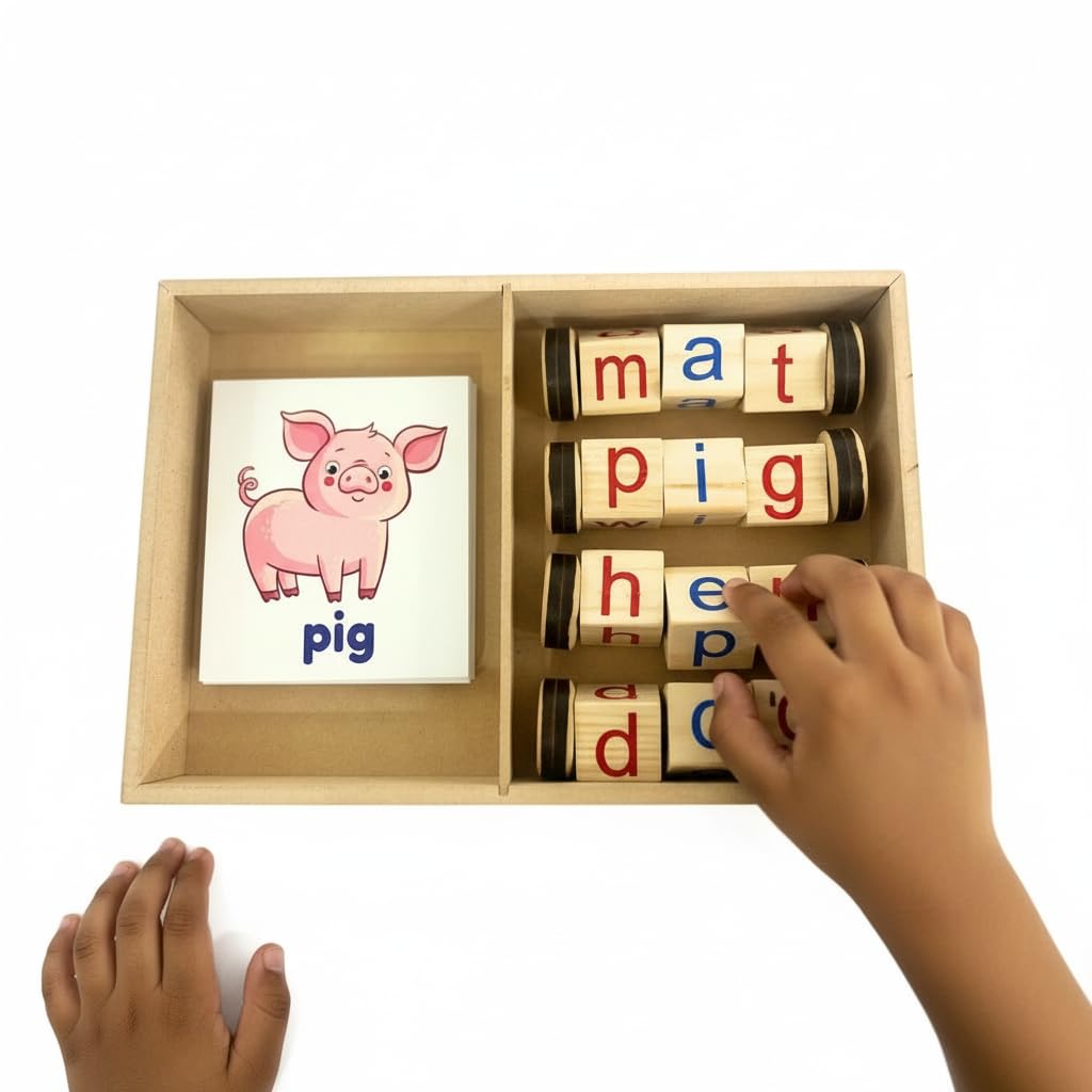 The Puzzl Co - Wooden Rotating Puzzle Blocks Toy with 54 Flash Cards, Spelling Games for Kids 3+ Years, Montessori Toys, 3 Letter Words Puzzle, CVC Word Builder, Educational Wooden Gift for Kids-image-22
