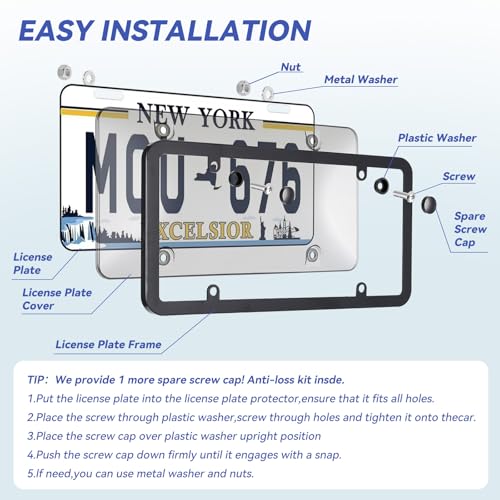 Image of License Plate Protector 2PCS, Clear License Plate Cover & Frames, Rust-Proof Auto Car License Plate Covers and Frames Holder with Screws & Caps, Universal Tag Cover for License Plate (Black)