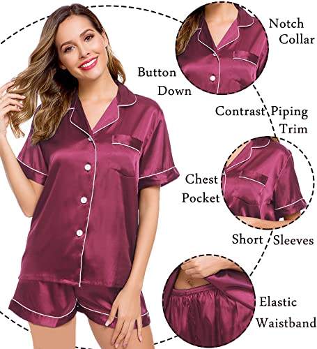 Image of LecGee Womens Silk Satin Pajamas Short Sleeve Loungewear Two-Piece Sleepwear Button-Down Pj Set