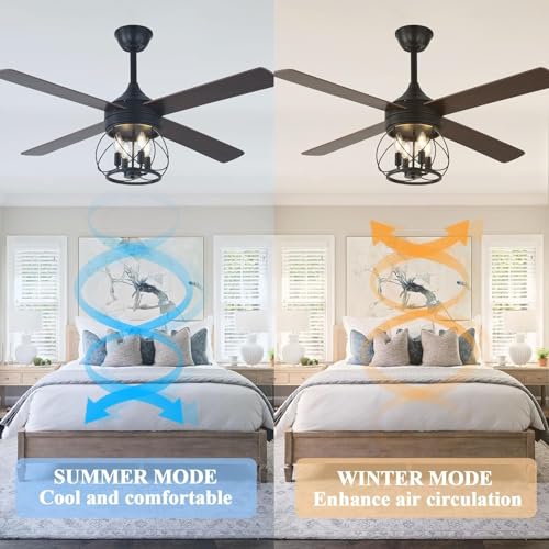 Image of Rustic Ceiling Fan with Lights and Remote, Large Farmhouse Ceiling Fan Caged Fandelier Chandelier, Reversible Quiet DC Motor 6 Speeds for Living Room (Black Caged, 52 Inch)