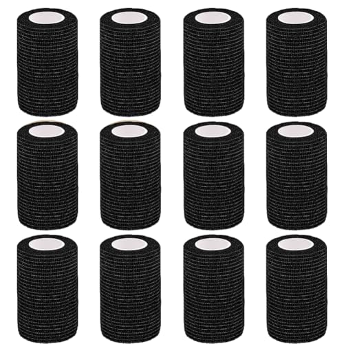 Clooflar 12 Pack Self Adhesive Bandage Wrap 3 X 5 Yards Black Elastic Cohesive Bandage for Sports Wrist Ankle Vet Wrap Grip Tape