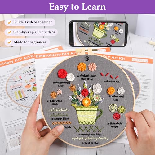 Image of Embroidery Kit for Adult Beginners, 3 Pack Embroidery Stitches Practice Kit to Learn 31 Stitches, with Step-by-Step Instructions & Videos, Tools, DIY Needlework Craft Gift for Craft Lovers Women