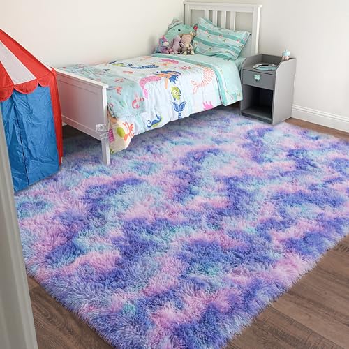 Rugs for Living Room 6x9, Soft Shaggy Modern Shag Area Rug for Bedroom, Upgrade Non-Slip Plush Fluffy Carpet for Kids Boys Girls Room Home Decor Aesthetic, Rainbow Purple