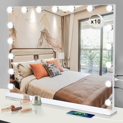 Buildonely Schminkspiegel mit Beleuchtung 80x60cm 17 LED Licht Dimmbare 3 Lichtmodi Groß Hollywood Spiegel mit Beleuchtung Tischspiegel Wandspiegel Touch Control 10X Vergrößerung