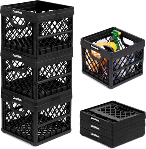CleverMade Collapsible Milk Crate, Obsidian, 3PK - 25L (6 Gal) Stackable Storage Bins, Holds 50lbs Per Bin - Clevercrates are Heavy Duty, Plastic Collapsible Storage Crate for Multi Purposes
