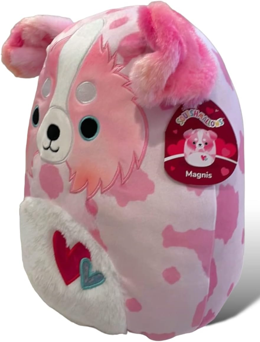 Squishmallows Official Kellytoy 14 Inch Magnis Australian Shepard Dog Pink Plush with White Fuzzy Belly and Fluffy Fuzzy Pink Ears - 2023 Valentine’s Squad Stuffed Animal Toy Pet