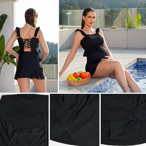 Momood Maternity Swim Skirt Side Split Smocked High Waisted Maternity Bikini Bottom With Built-In Brief Pregnant Swimwear Black S thumb #4