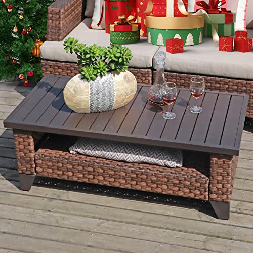 SUNSITT Outdoor Wicker Coffee Table with Waterproof Cover, Brown Synthetic Rattan Wicker Patio