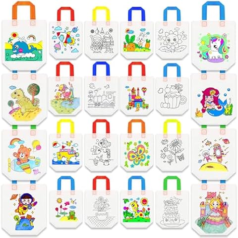 MOLDTAS 24 Styles Cute Cartoon Coloring Goodie Bags Reusable Coloring Carnival Art Party Favor Bags for Color Your Own Goodie Bags for Birthday Party DIY Crafts or Party Favors Supplies Cover