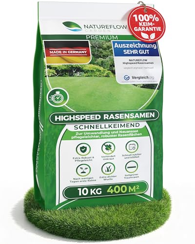Rasensamen Schnellkeimend Frühjahr – TEST SEHR GUT – Grassamen Schnellkeimend für Rasen & Rasen Nachsaat 10kg 400qm – Rasensaat für Nachsaat Rasen Frühjahr, Saisonstart, kräftiges Wachstum