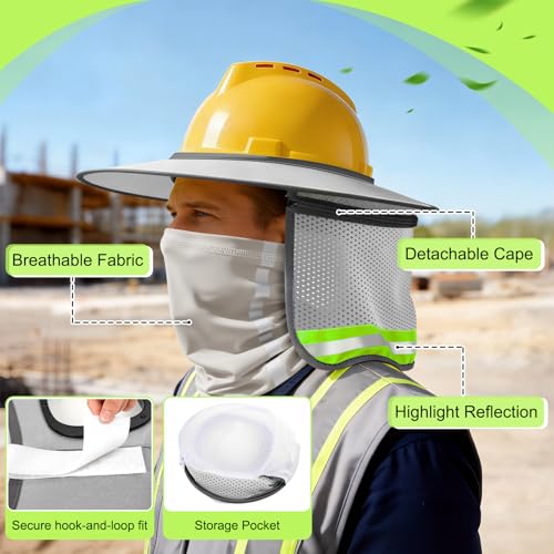 2 Set Hardhat Sun Shade, Hard Hat Visor Sun Shade Full Brim with Mesh Cape and Neck Gaiter, Hard Hat Sun Shield with Reflective Strip for Construction Workers Outdoor Summer Protection (Grey) — view 2