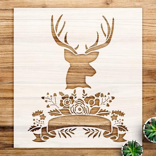 Deer with Flowers Antlers Stencil for Walls and Crafts, Reusable Mylar Template, Rustic Boho Decor for Weddings and Home Projects - Size A2 (21.4