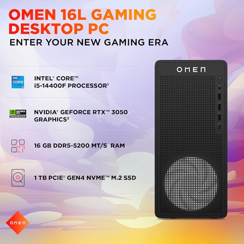 Image of HP Omen 16L Gaming Desktop 14th Gen Intel Core i5-14400F, 8GB NVIDIA GeForce RTX 3050 (16GB DDR5, 1TB SSD) Win11, M365 Basic(1yr)*MSO 2024, Black Metal, 5.61kg, TG03-0014in