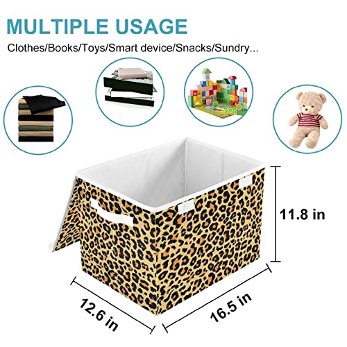 Cataku Cheetah Leopard Print Storage Bins With Lids, Animal Skin Fabric Large Storage Container Cube Basket With Handle Decorative Storage Boxes For Organizing Clothes Shelves #TOP1