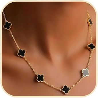 Billet-doux Black Clover Necklace 18K Gold Plated for Women - 10 White and Gold Clover Motif Necklaces, Adjustable Trendy Jewelry Gift