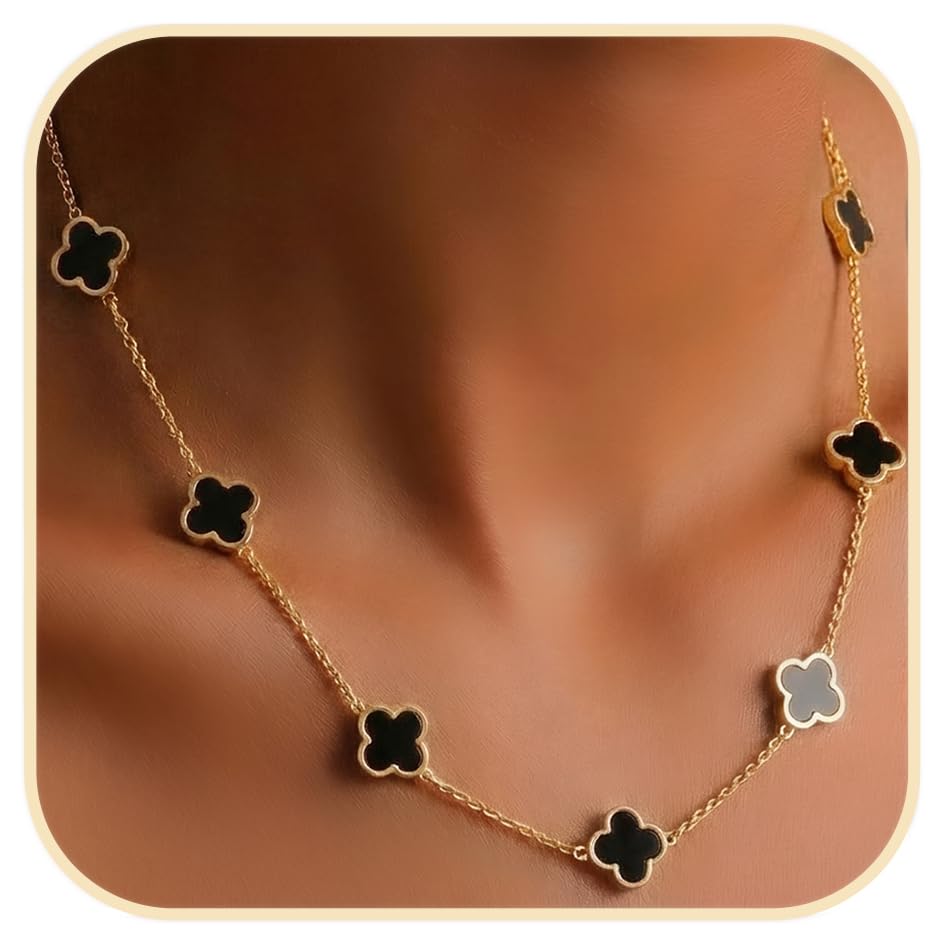 Billet-doux 18k Gold Plated Black Clover Necklace for Women The Timelss Classic 10-Motif Four-Leaf White Clovers Link Chain Adjustable size Trendy Charm Jewelry Gifts for Easter