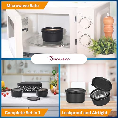 Image of Trueware Omaga Lunch Box with Insulated Fabric Jacket, 2 Microwave Safe & Leak Proof Inner Stainless Steel Containers 400ml Each Tiffin for Office, College