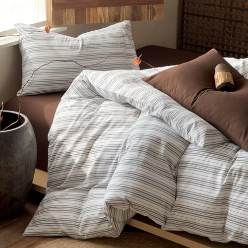 Image of VM VOUGEMARKET Striped Duvet Cover Set, 100% Washed Cotton Textured Minimalist Bedding Set, Ticking Pinstripe Farmhouse, 3 Pieces, White Black Stripes, Queen Size