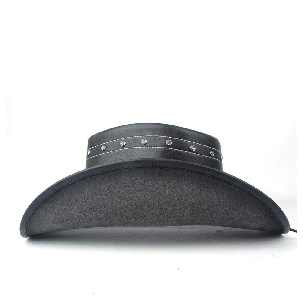 LIOONS 100% Pelle Donna Uomo Nero Cappello da Cowboy Occidentale con Tesa arrotolata Cintura Punk Jazz Sombrero cap Cappello da papà