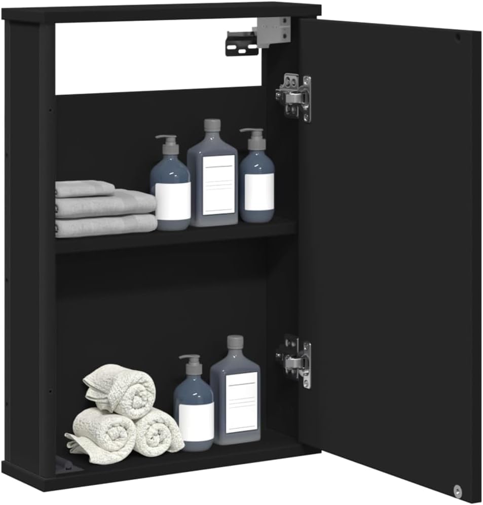 Black Bathroom Cabinet 42 x 12 x 60 cm Wood Material Wall Mounted with Transparent Mirror Modern Design & Robust Storage Place for Small Bathroom Guest Toilet and Hallway