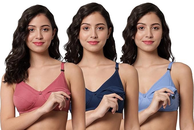 Maternity Bra Women's Cotton Hosiery Non Padded Feeding Bra/Nursing Bra/Combo - Pack of 3 Blue-image-48