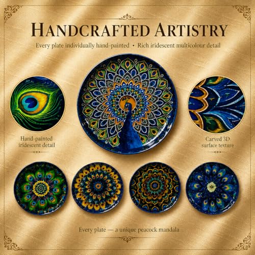 Image of TARUN'S HOME DECOR - Decorative Peacock Mandala Wall Plates Set of 5 | Handcrafted Metal Wall Art for Living Room, Bedroom, Hall & Home Decor | Multicolor Ethnic Hanging Wall Decor