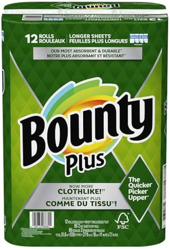 Bounty Plus Select-A-Size White Long Cloth Like 12 Paper Towel Rolls of 2-Ply 86 Sheets Each