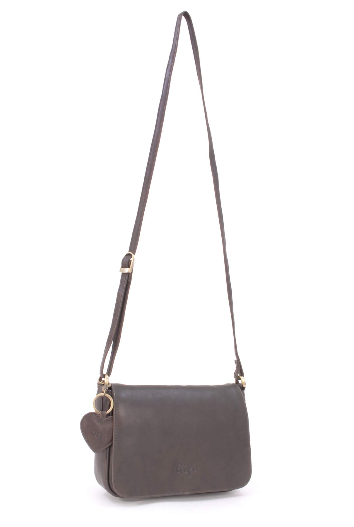Gigi Women's Small Leather Crossbody Bag Flap Over Organiser Handbag  Multiple Pockets With Heart Keyring Charm Othello 14578