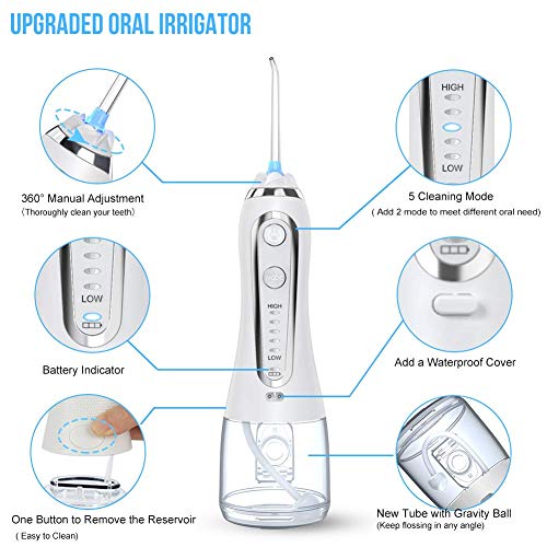 Water Flosser Cordless Oral Irrigator Portable Rechargeable Dental Flossers with 5 Modes & 6 Tips Water Flossing with 300ml Water Tank for Home and Travel, Braces & Bridges Care