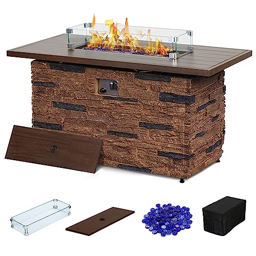 Pizzello 43" Propane Fire Pit Table Stone Outdoor Rectangular Firepit Table 50000 Btu Propane Fire Tables For Outside Patio With Glass Wind Guard, Lid, Fire Glass Beads, Pizzello Caldo (Brown) #TOP9