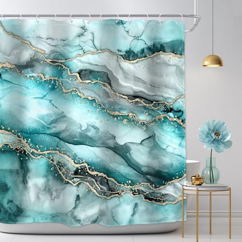 Homewelle Teal Marble Shower Curtain Abstract Modern Turquoise Ink Texture Luxury Simple Ombre Texture Contemporary 72Wx72H Inch Art Decor Waterproof Polyester Fabric Bathroom Bathtub