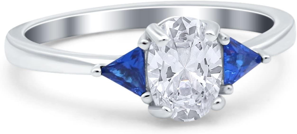 Vintage Art Deco Oval Wedding Engagement Bridal Ring Triangle Blue Sapphire Simulated Cubic Zirconia 925 Sterling Silver