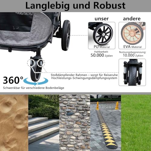 Quolliter Hundewagen Ein-Taste-Zusammenklappung Hundebuggy bis 50kg Hundewagen Große Hunde Katzenwagen für 2 Große Katzen 360° Verschleißfeste Gummiräder Netzfenstern