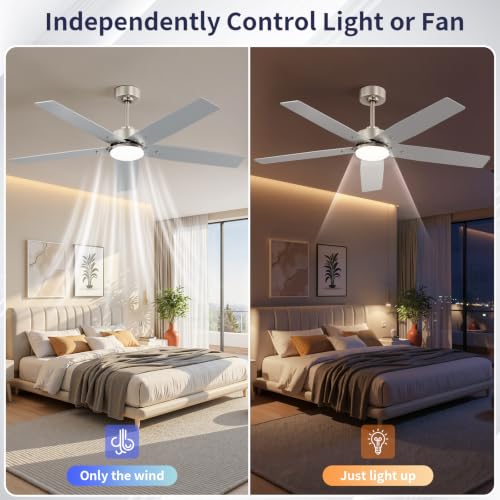 Image of 52 Inch Ceiling Fans with Lights and Remote for Bedroom Living Room Kitchen Home Office Indoor /Outdoor, 18W 3CCT Dimmable, Dual Color 5 Blades 6 Speed Reversible Quiet DC Motor, Sand-nickel /Wood Grain