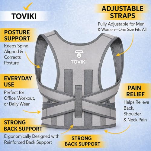 Image of Posture Corrector Belt for Men & Women | Adjustable Back Brace | Upper Back & Shoulder Support | Neoprene Spine Corrector Belt | Relieves Back Pain, Neck Hump & Rounded Shoulders | Universal Size (28-52 inch) ( Grey )