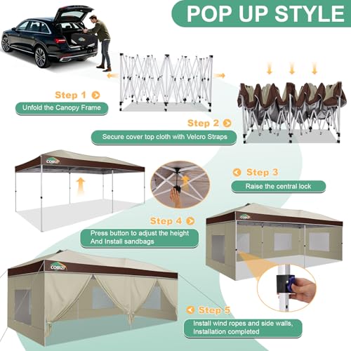 Image of COBIZI 10x20 Pop Up Canopy Tent with Sidewall,Outdoor Canopy,Dark Brown