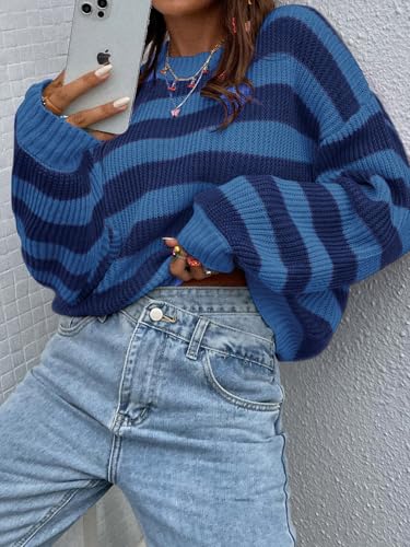 Image of SOLY HUX Women's Color Block Striped Knit Tops Casual Long Sleeve Drop Shoulder Sweater Pullovers