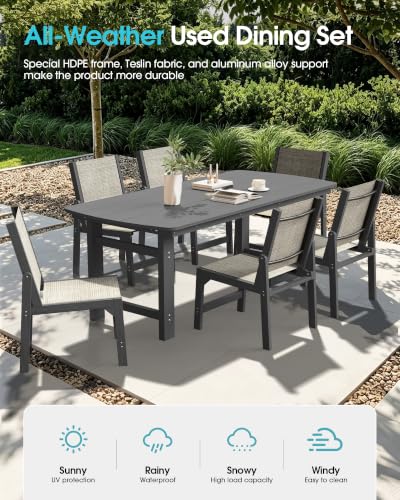 Image of Ciokea HDPE Outdoor Dining Set, Patio Table and 6 Stackable Chairs, Grey | All-Weather Furniture Set with 2 inch Umbrella Hole and Armless Chair. Breathable Teslin Fabric Suitable for Outdoor Leisure.