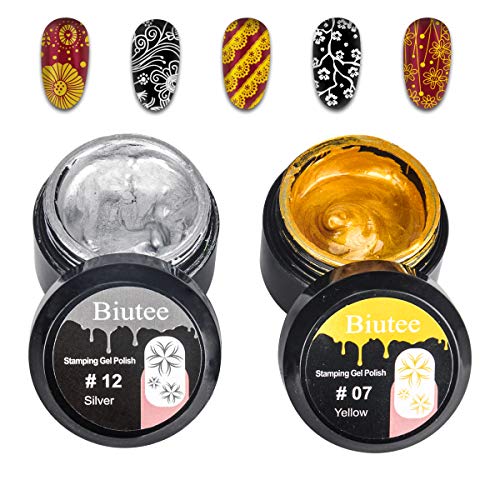 Biutee Nail stamping gel stamping polish 2PCS Gold Silver UV LED Gel Polish for nail stamping plate (Gold&Silver Nail Gel)
