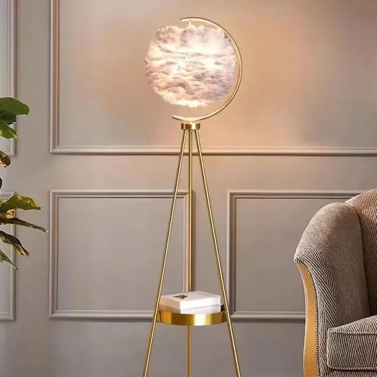 Image of blissbells Modern Feather Shade Tripod Floor Lamp with Gold Metal Frame | Decorative Standing Lamp for Living Room, Bedroom, Corner Lighting | Elegant Nordic Home Decor Floor Light