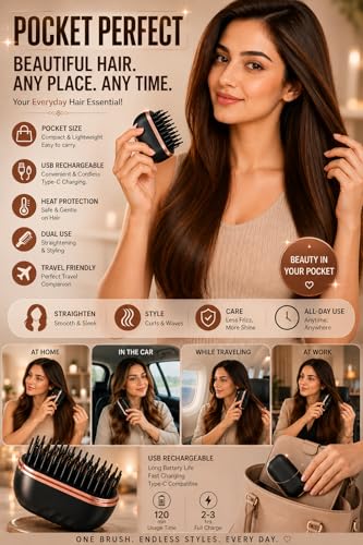 Image of Portable Hair Brush for Women, Cordless Rechargeable Hair Styling & Hair Straightener Brush