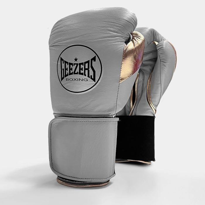 Geezers Halo Training/Sparring Boxing Gloves โ Hook & Loop, Leather, Layered Foam, Excellent Comfort & Durability for Bag, Pad & Sparring Work (Light Grey/Gold, 10oz)