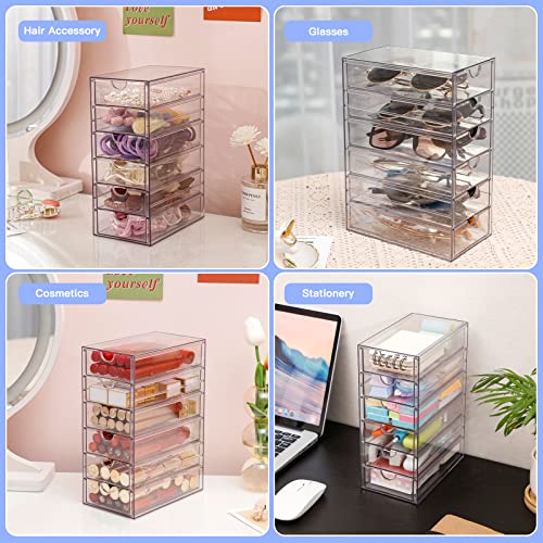 Fabrok Clear Hair Accessory Organizer Box With 6 Drawers, Compact Storage Organization Drawers Set For Cosmetics, Glasses, Stationery, Stackable Storage Containers Box For Bathroom, Closet, Desk, Office #TOP3