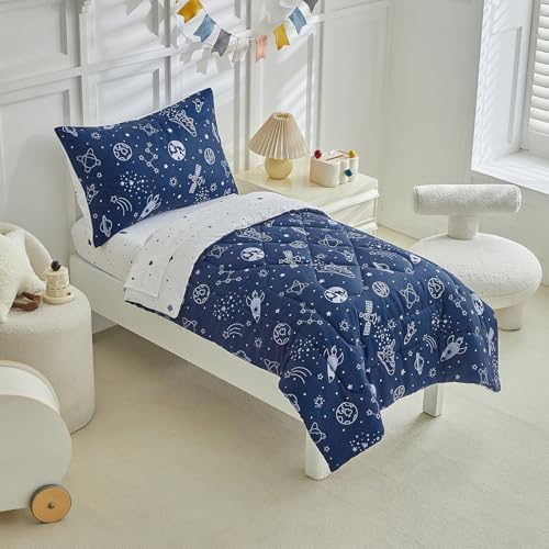 Image of DuShow Navy Blue Toddler Bedding Set for Boys,4 Pieces Space Crib Bed Sheets Set,Soft Toddler Comforter Set in a Bag, Includes Quilted Comforter, Flat Top Sheet, Fitted Sheet, Envelope Pillow Case