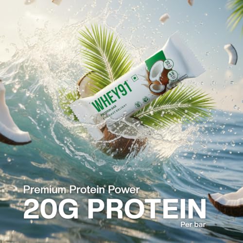 Image of Whey91 Coconut Delight Protein Bar, 20g Protein & 5.8g Fiber in each, No Added Preservatives, No Artificial Flavours, 390g- (Pack of 18)