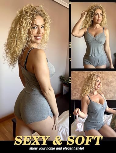Image of Avidlove Women's Soft Ribbed Knit Cami Pajama Set Sexy V Neck Lace Trim Sleepwear Side Slit Shorts Lingerie Nightwear