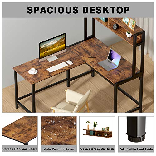 L-Shaped Desk with Hutch, 55 Inch Corner Computer Desk Gaming Table Workstation with Storage Shelves Bookshelf, Study Writing Space Saving Desk for Home Office (Rustic)